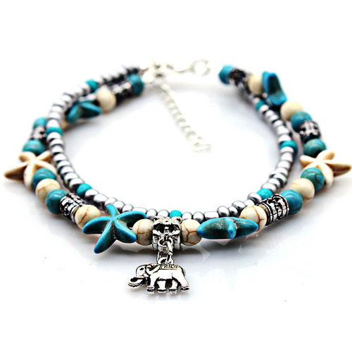 Cross-border double layer anklet European and American retro starfish rice beads beach turtle pendant anklet jewelry manufacturer wholesale