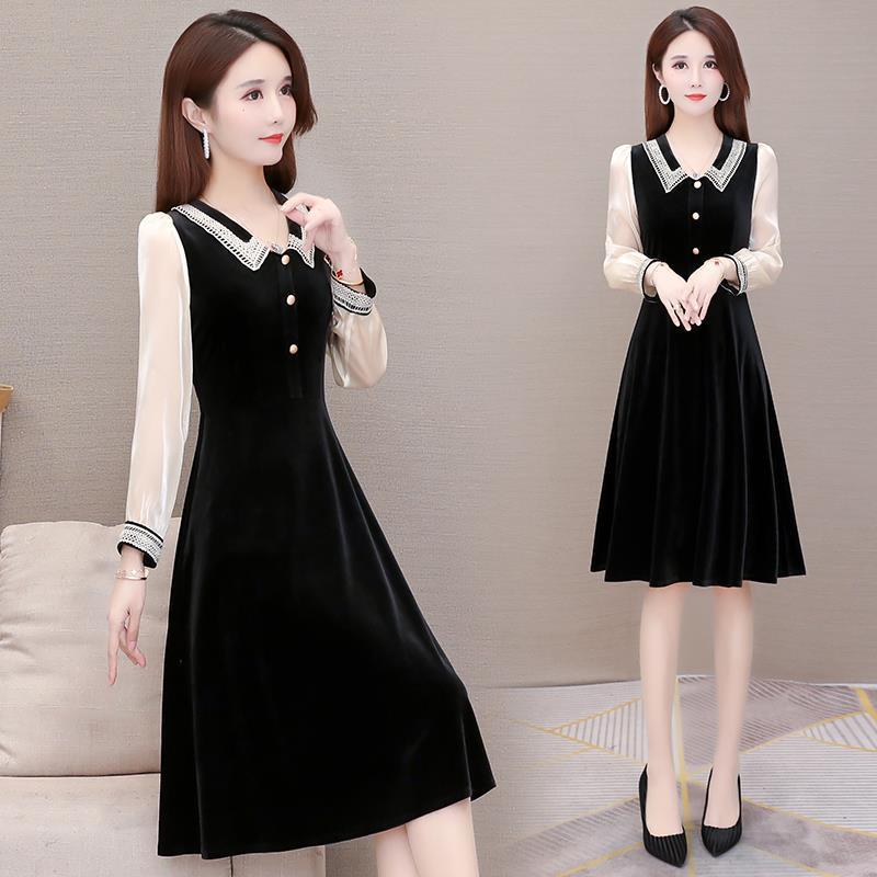 金丝绒连衣裙女秋装2020新款洋气显瘦拼接中长款娃娃领裙子a字裙