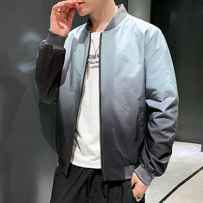 2020秋季新款外套男式休閑漸變色夾克螺紋立領街頭時尚外衣男