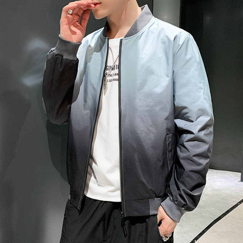 2020秋季新款外套男式休閑漸變色夾克螺紋立領街頭時尚外衣男