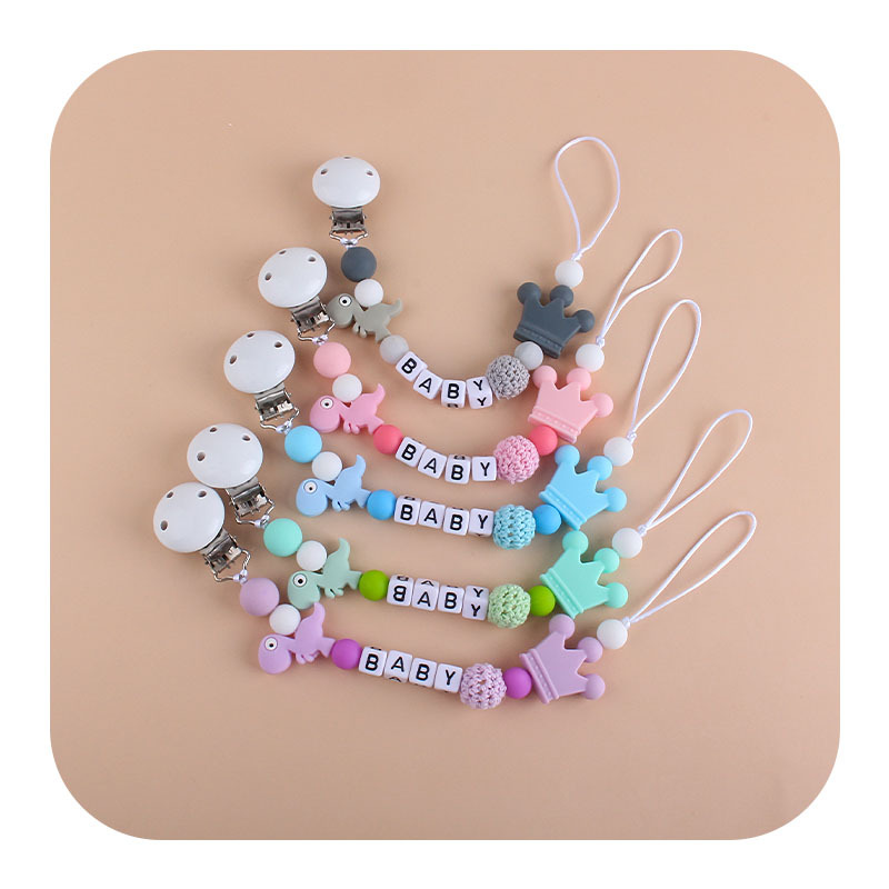 Hemu clip de silicona calmante Cadena de chupete corona mordedor cadena anti-caída pequeña cadena de silicona de dinosaurio Cadena de chupete suministros para bebés
