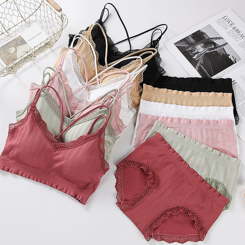 Sexy Crossback Set Bra and Panties for Women Lace Girl Bra Push Up Wireless Breathable Bra Anti-peek 