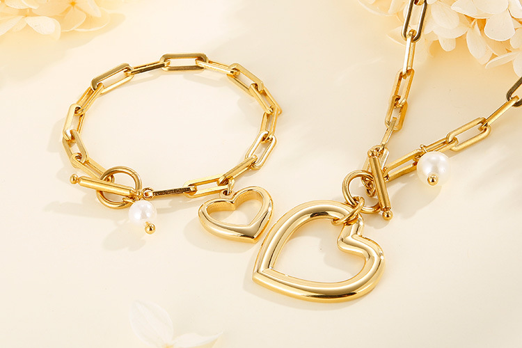 simple stainless steel thick chain heart-shaped bracelet necklace set square chain OT buckle jewelry