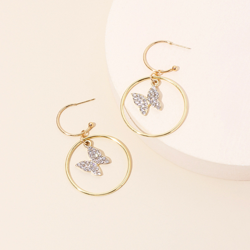8g Weight Earrings Classification Wedding, Travel Occasion Butterfly Pattern Women'S Gender Gold Color Fashion Diamond-studded Geometric Big Circle Earrings Butterfly Pendant Rhinestone Earrings Wholesale Nihaojewelry 4