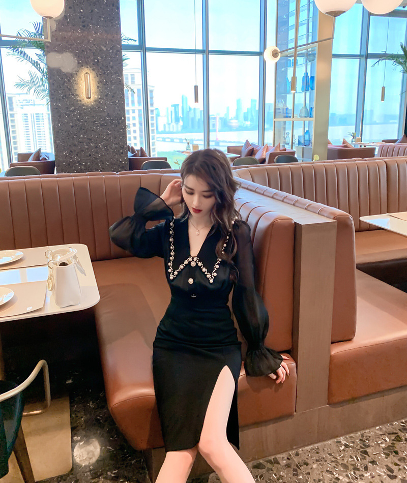 Đầm liền dài tay cổ búp bê xẻ tà ôm eo kiểu Pháp — Màu đen chi tiết 5