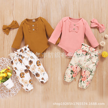 新款秋冬外贸童装 ins爆款婴幼儿坑条长袖紧身哈衣和印花长裤套装