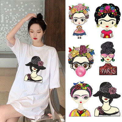 新品大号亮片刺绣美女图案布料布贴百搭T恤diy破洞修补补丁贴缝制|ru