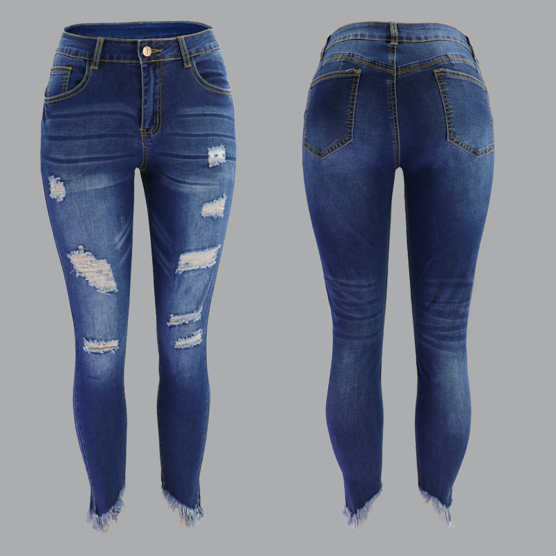 Simple Ripped Irregular Fringed Blue Jeans NSYB65117