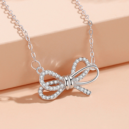 s925 sterling silver flash diamond bow necklace women's new trendy neck chain cold style design ins clavicle chain gift