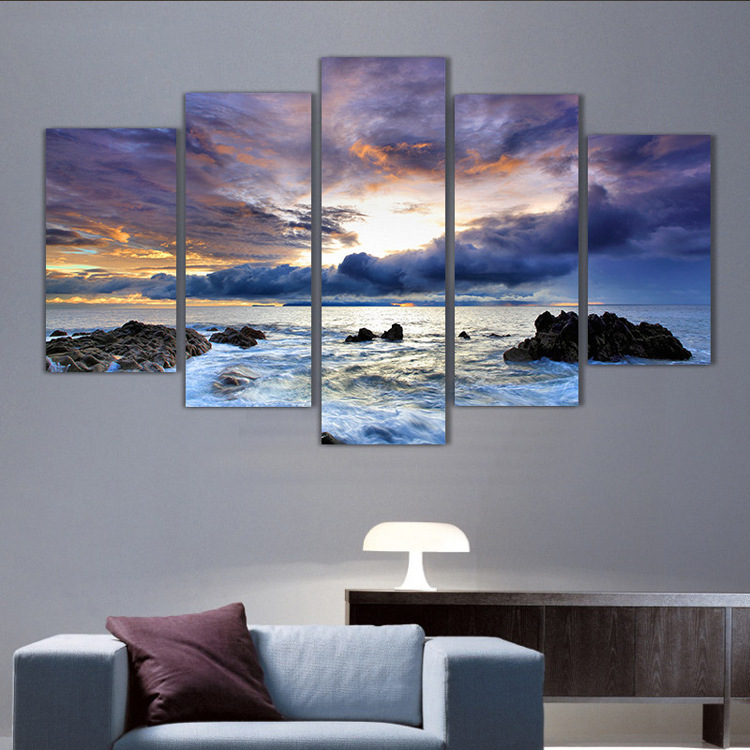 Canvas Painting Home Decoration 5 Pieces Blue Sky Seaside Sunrise Sunrise Coral Reef Pictures Sunset Seascape Poster