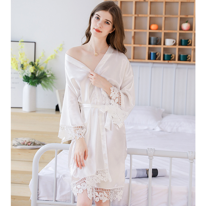 新款絲綢拼接蕾絲寬袖開衫睡袍睡衣女2020春夏化妝袍新娘晨袍花邊