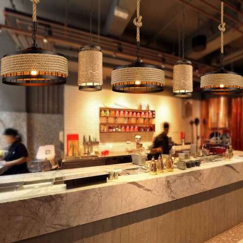 American country hemp rope restaurant chandelier Personalized Nordic clothing store milk tea shop round iron LED creative chandelier