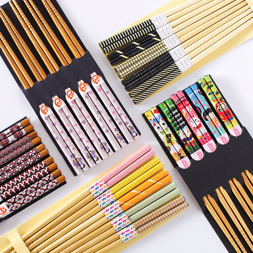 Nishida Muyu Japanese household tableware chopsticks 5 pairs set healthy carbonized bamboo chopsticks pointed chopsticks bamboo tableware