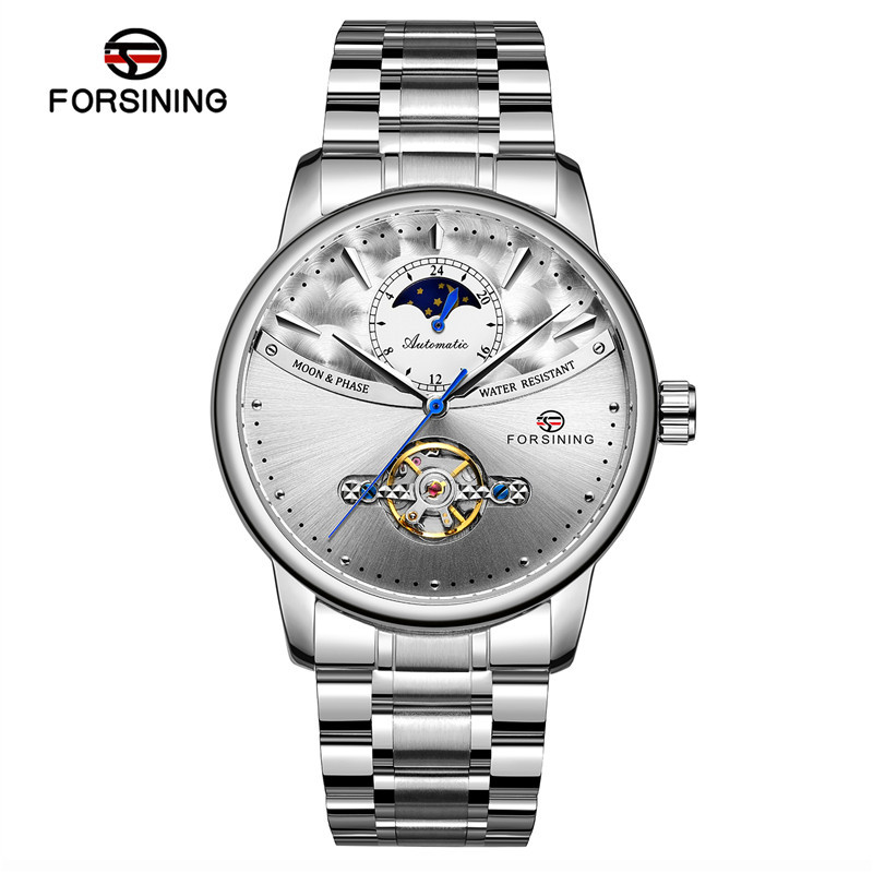 Forsining busini correa de acero los hombres negocios reloj mecánico automático inferior transparente hueco 8179