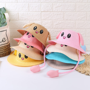 New children's sun hat summer ears moving hat airbag rabbit hat sunscreen straw hat tourist attractions wholesale
