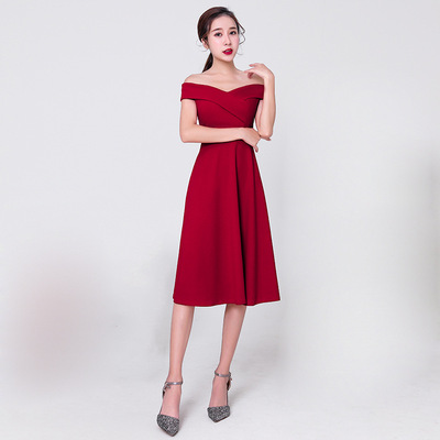 红色晚礼服一字肩日常小个子短款新娘敬酒服伴娘服年会小礼服显瘦|ru