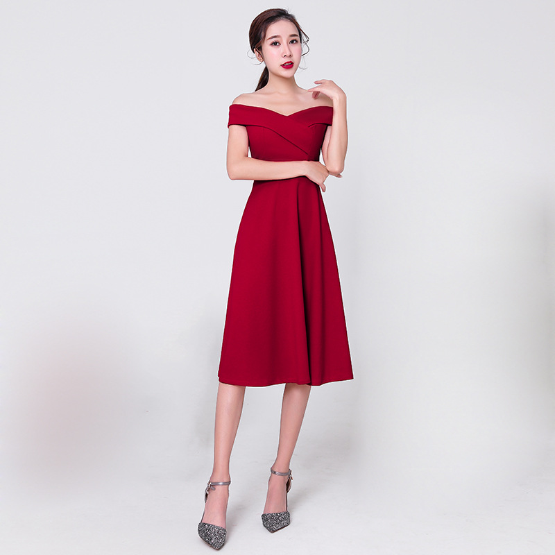 红色晚礼服一字肩日常小个子短款新娘敬酒服伴娘服年会小礼服显瘦|ru