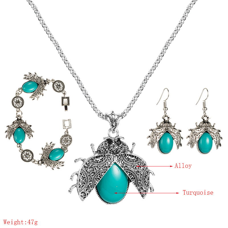 Retro Ethnic Style Seven-star Ladybug Turquoise Three-piece Suit Bracelet Earrings Necklace display picture 1