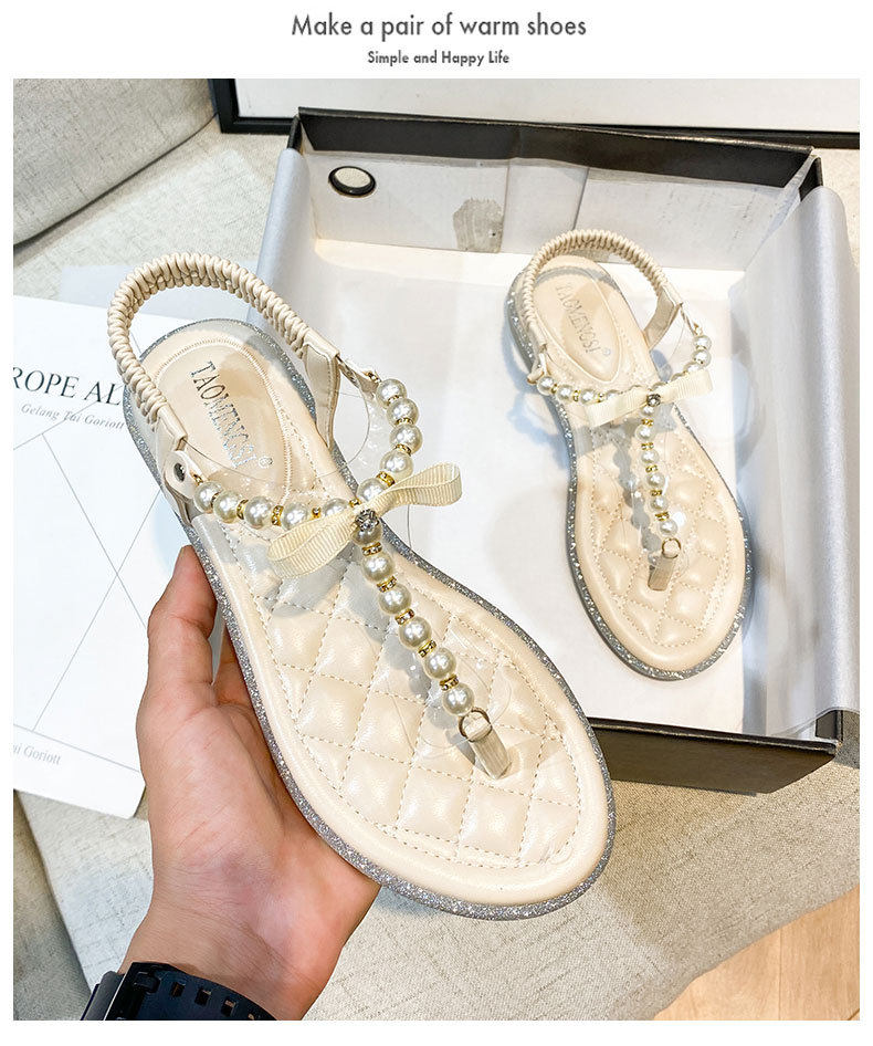 Dép sandal nữ quai ngang đính ngọc trai và đá lấp lánh, đế bệt mũi tròn — Màu mơ, Màu đen chi tiết 18