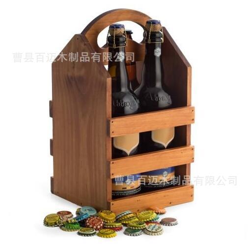 啤酒用复古色漆木制酒提 松木质啤酒提篮