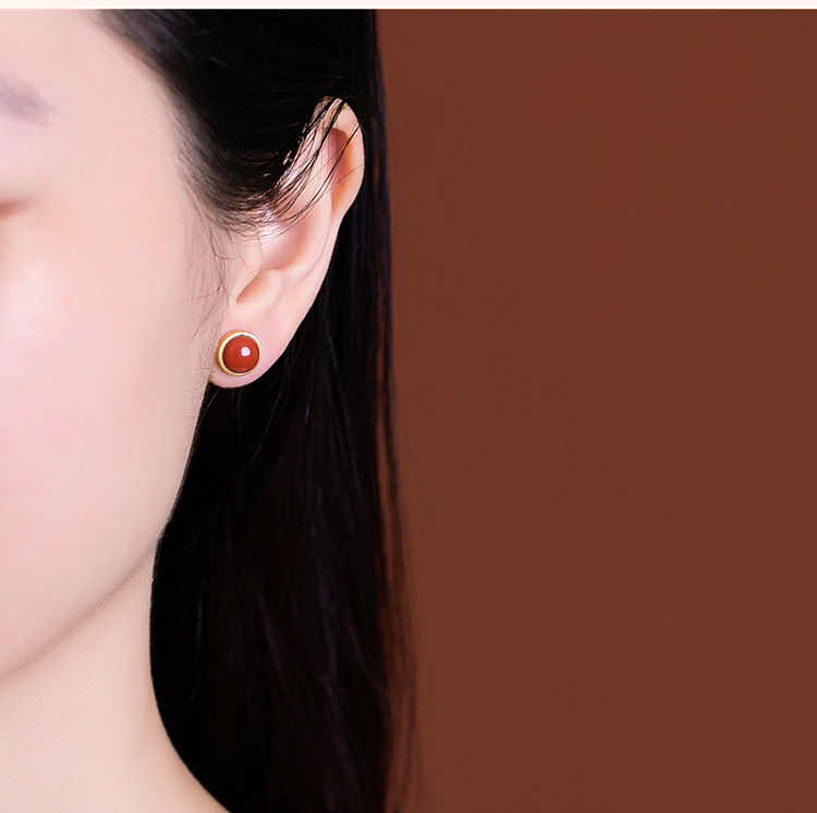 Khuyên tai hoop nữ đơn giản cá tính cổ điển đá Mã Não Đỏ bạc S925 — Một cặp chi tiết 4