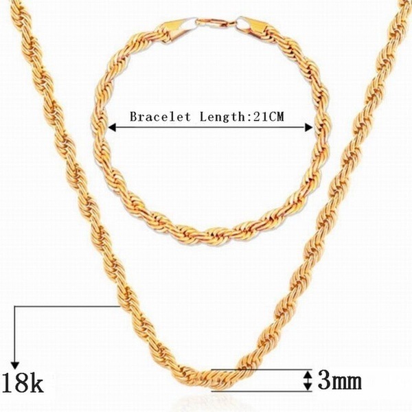 Men's 3mm Set Chain Necklace Bracelet Simple Hip Hop Gold Plated Twisted Rope Chain