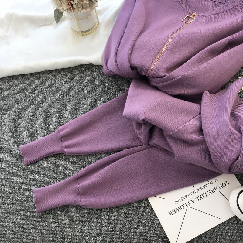 Damenbekleidung Strickanzug neue Weste Jacke Fuß elastische Hose modischer dreiteiliger Anzug_voghion.com