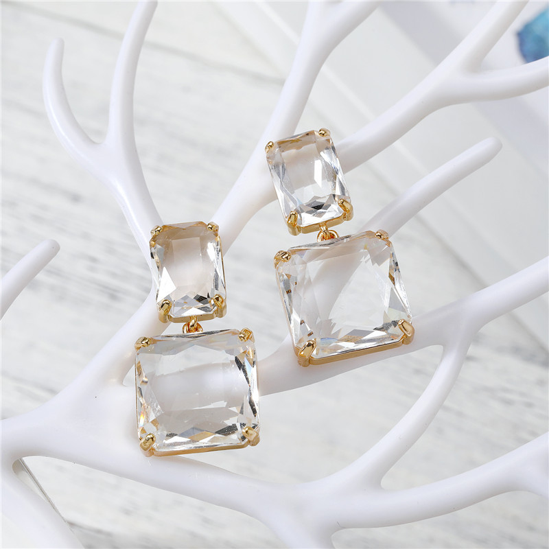 Korean Colorful Glass Square Crystal Earrings display picture 7