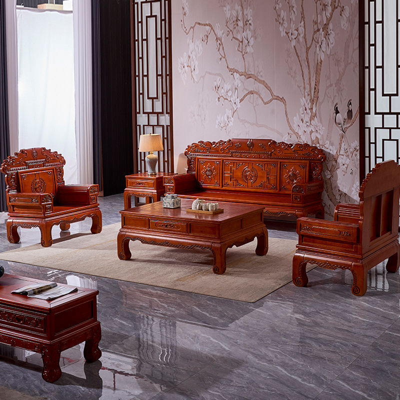 仿红木实木沙发组合桦木雕花木质清明家具古典中式家具厂家直销|ms