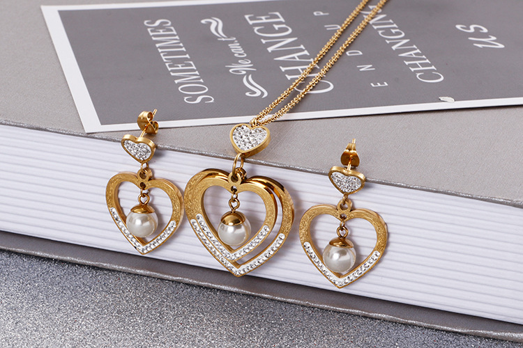 Foreign Trade Supply Korean Accessories Fashion Simple Women Heart Pearl Earrings Necklace Two-Piece