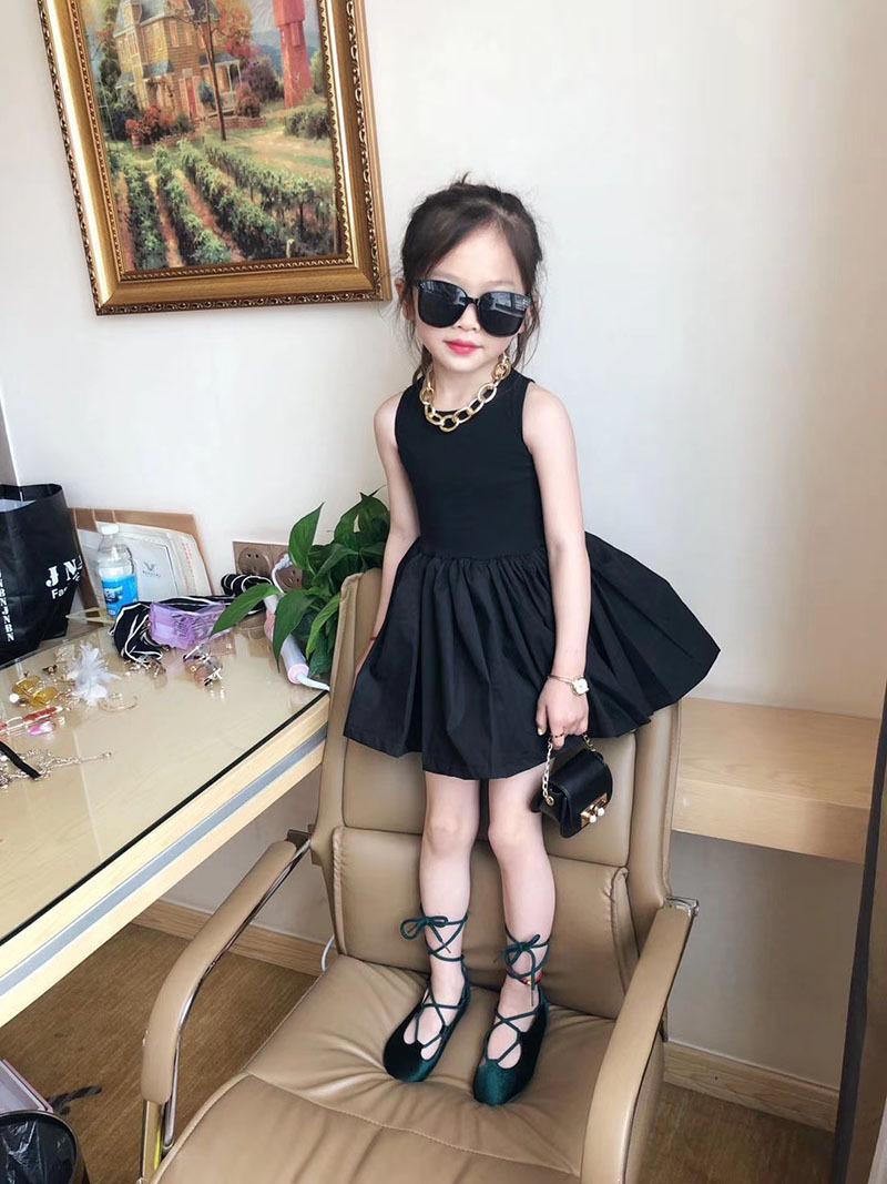 Internet Celebrity Girl's Dress Summer Back Cross Hepburn Style Small Black Dress Puffy Dress Children's Wear Same Style