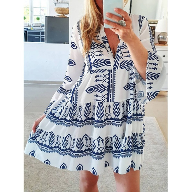 Women's Swing Dress Vacation V Neck Printing Nine Points Sleeve Printing Above Knee Daily display picture 2
