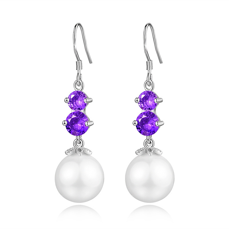 紫钻花朵耳饰星光耳环珍珠耳坠长款水滴耳环女简约气质显脸瘦耳钉