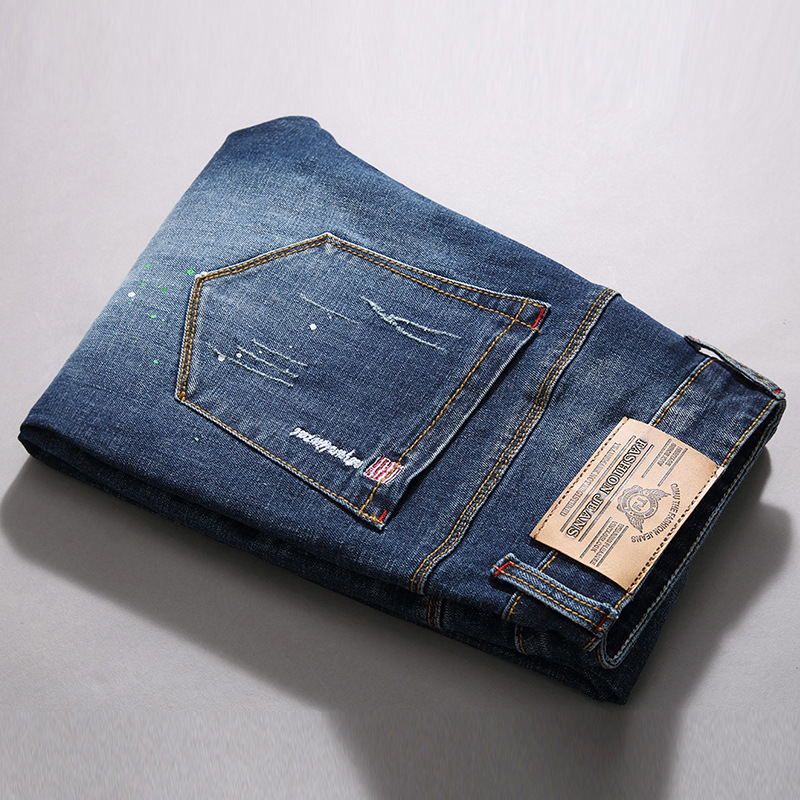 Broderade slim fit stretch straight jeans för män_voghion.com