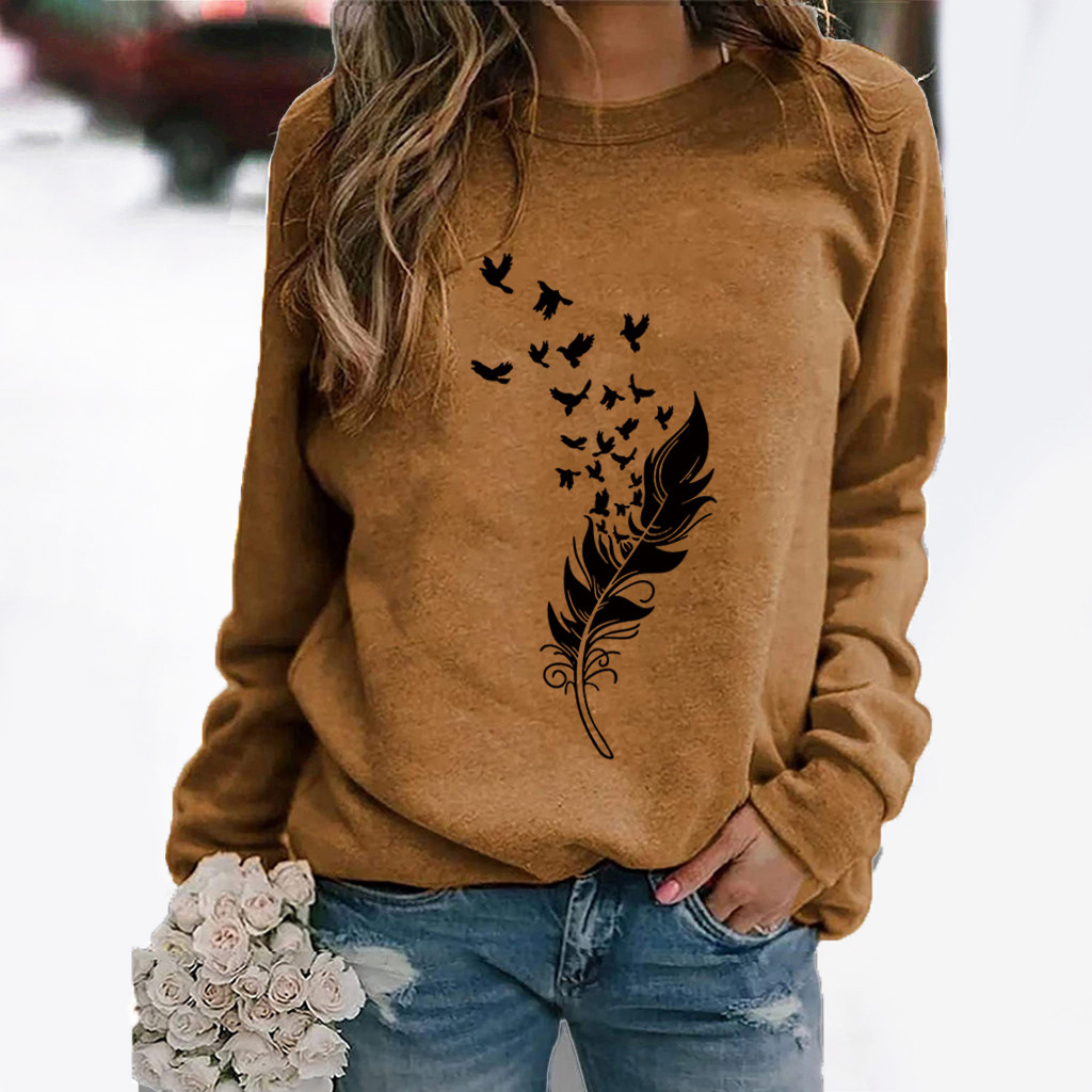 Polyester, Modal Fabric Type Regular Top Length Hoodie Tops Type Street Occasion Round Neck Neckline Warm Function Women's Hoodie Long Sleeve Hoodies & Sweatshirts Printing Casual Feather Bird
