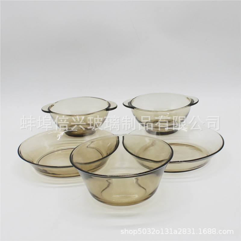 Wholesale European-Style Coffee-Colored Glass Cups and Bowls Household Tableware Set Milk Cup Double-Ear Salad Bowl Glass Tableware Wholesale European-Style Coffee-Colored Glass Cups and Bowls Household Tableware Set Milk Cup Double-Ear Salad Bowl Glass Tableware