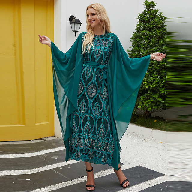 S013 Phoenix Tail Embroidered Holiday Long Dress Evening Dress Arabian Apparel Cross-border Middle East Women's Robe