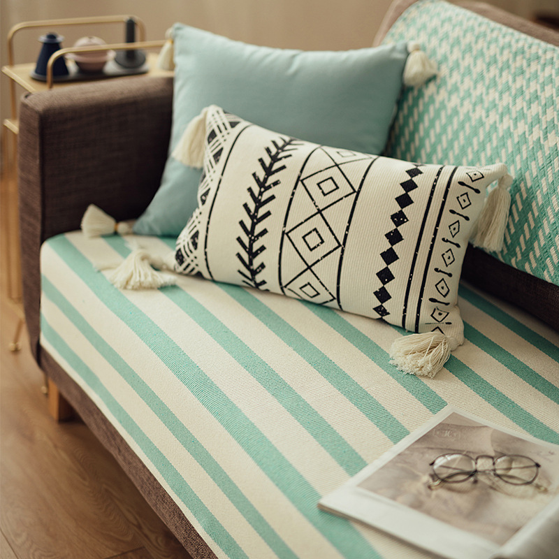 棉线编织透气沙发坐垫千鸟格条纹布艺沙发垫现代简约风格飘窗垫