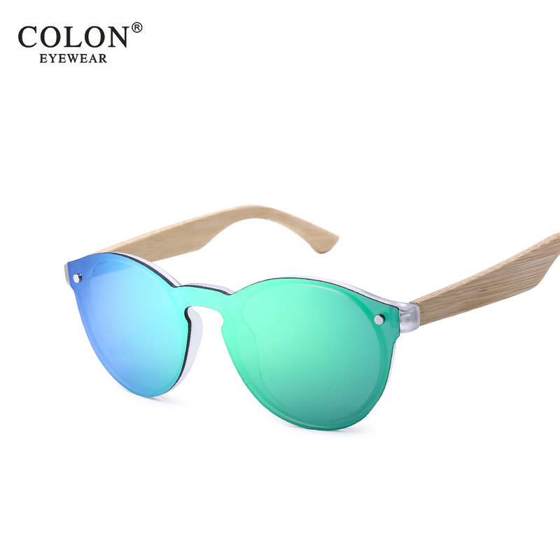 无框炫彩竹木太阳镜彩膜木头圆形墨镜圆形时尚复古竹男女眼镜