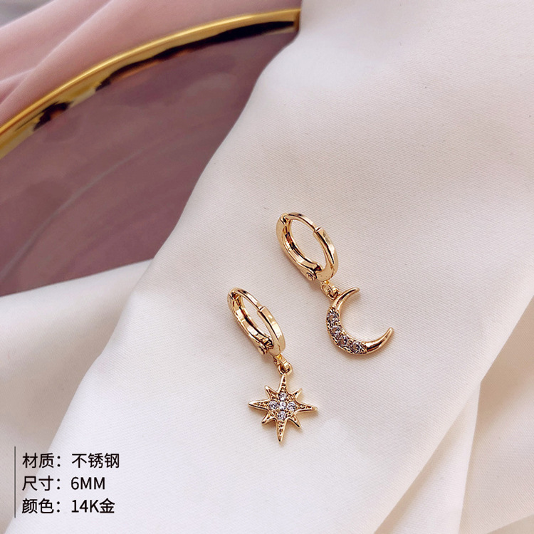 Fashion Full Diamond Star Moon Asymmetrical Stud Titanium Steel Earrings display picture 1