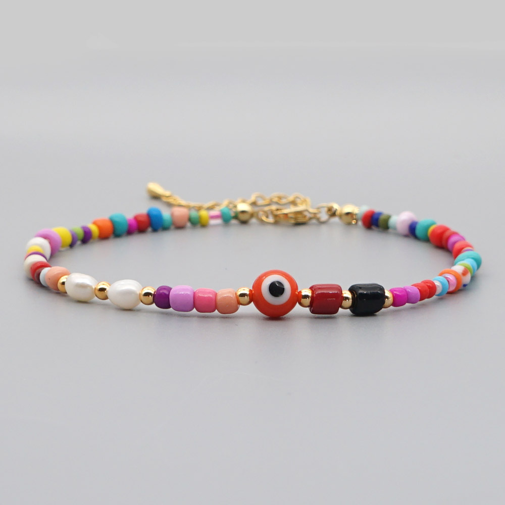 Bohemian Ethnic Style Eye Beads Rainbow Rice Beads Baroque Natural Freshwater Pearl Anklet Women display picture 7