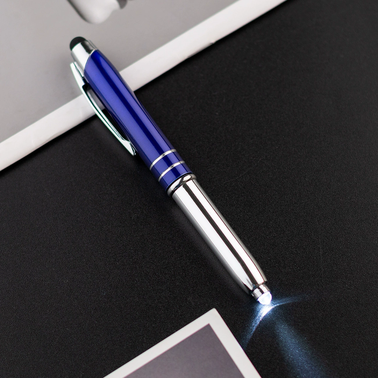 Metal LED universal ballpoint pen, bulb, three in one, wholesale
