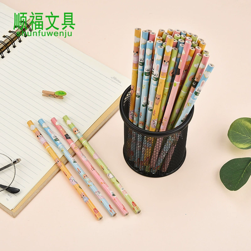 Cartoon HB Round Pencil (shunfuwenju) — HB lead, 4 colors, bulk classroom packs