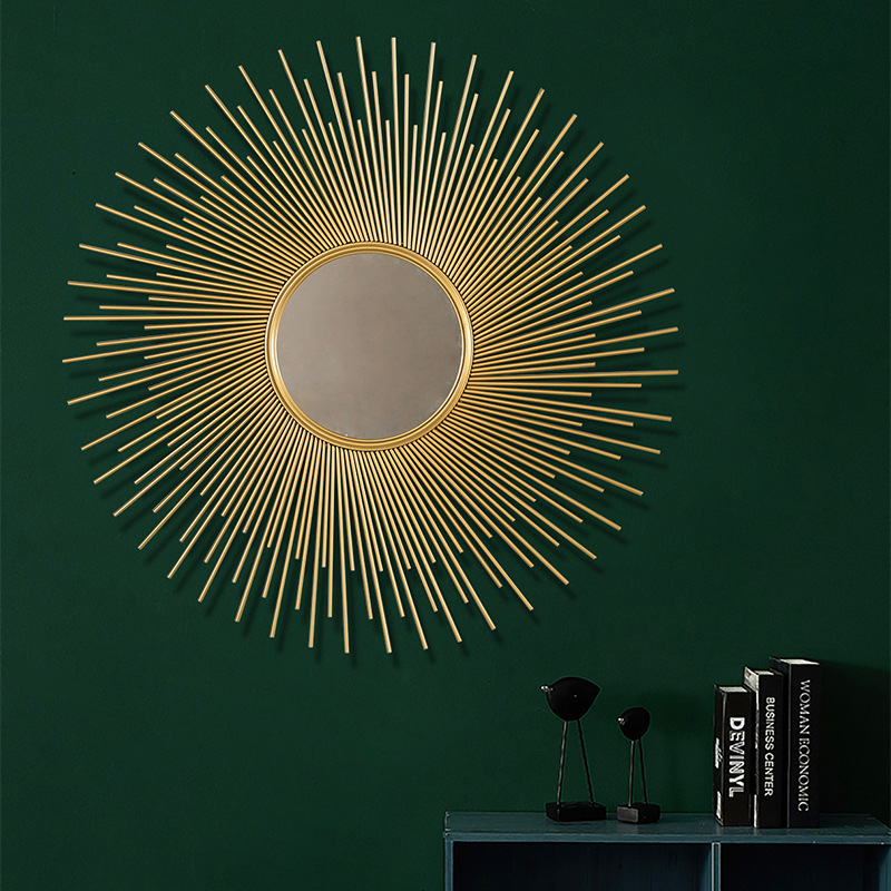 现代简约铁艺镜子墙壁挂饰 家居客厅玄关挂件 创意太阳镜子壁饰|ms