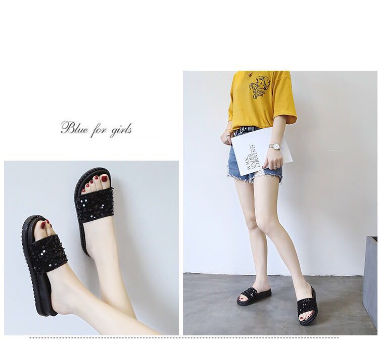 Pailletten-Mode-Hausschuhe für Damen, Sommer, koreanische Muffin-Schuhe mit dicken Sohlen, Oberbekleidung im neuen Stil, koreanischer flacher Boden, einzeilige Hausschuhe, Studenten_voghion.com