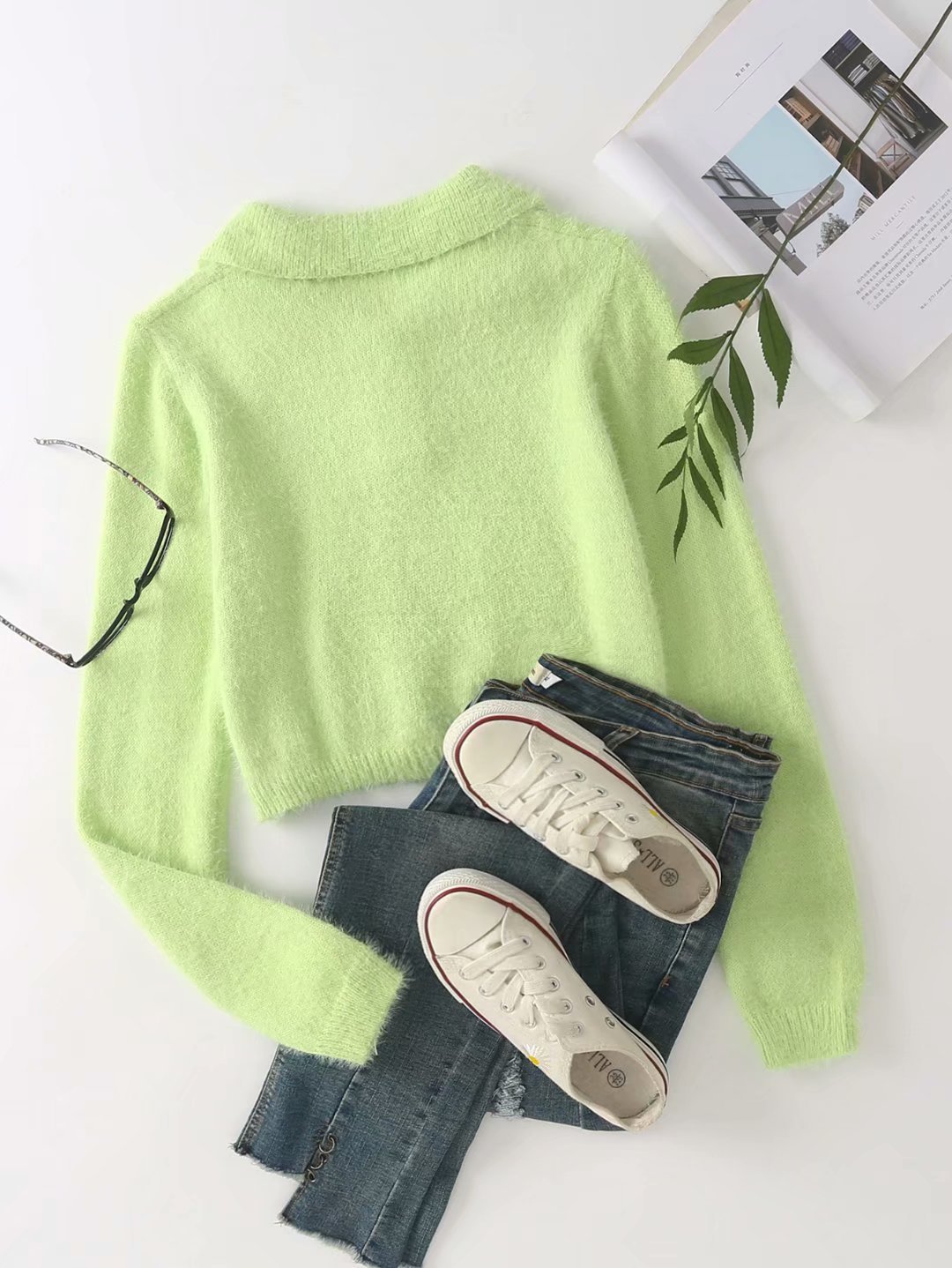  green POLO collar plush fleece long sleeve sweater  NSAM4991