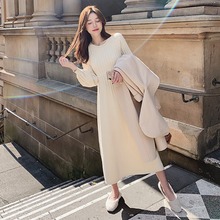 2024年秋冬新款中长款纯色毛衣内搭打底过膝连衣裙女灯笼袖针织衫