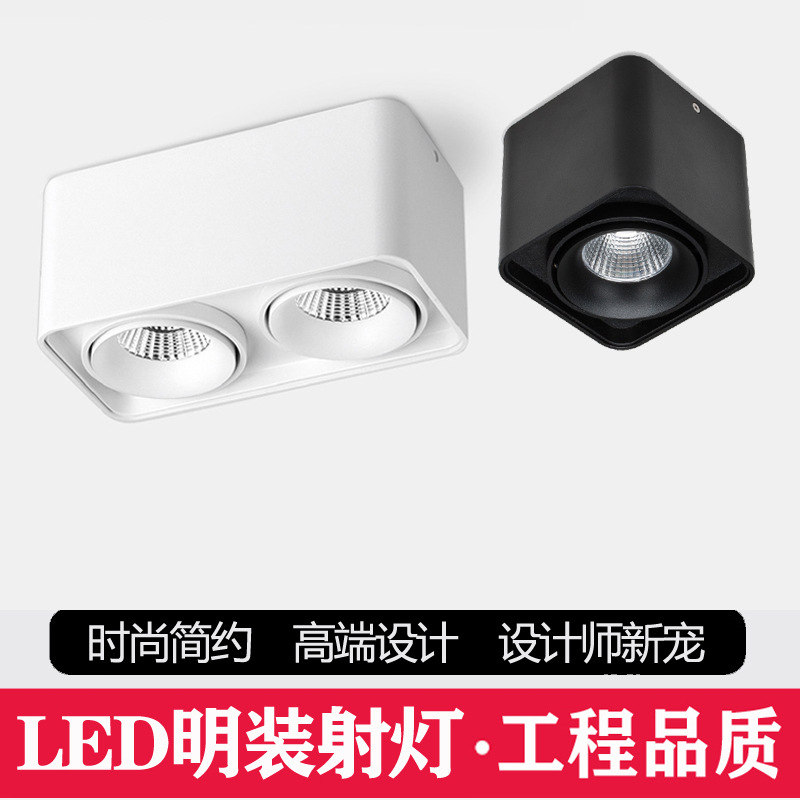 明装射灯 方形led斗胆灯单头双头筒灯cob豆胆灯免开孔吸顶天花灯|ru