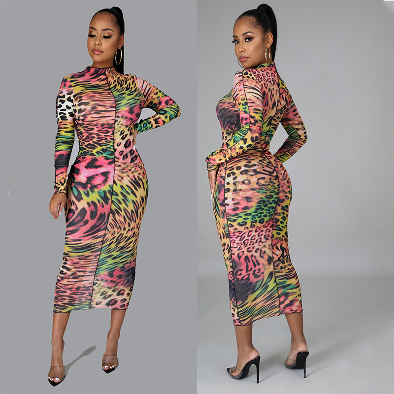 sexy perspective mesh print long-sleeved tight dress NSHBG123778