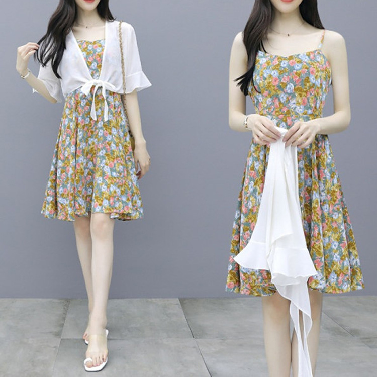 2020夏新款韩版两件套法式气质收腰显瘦碎花裙女装性感吊带连衣裙